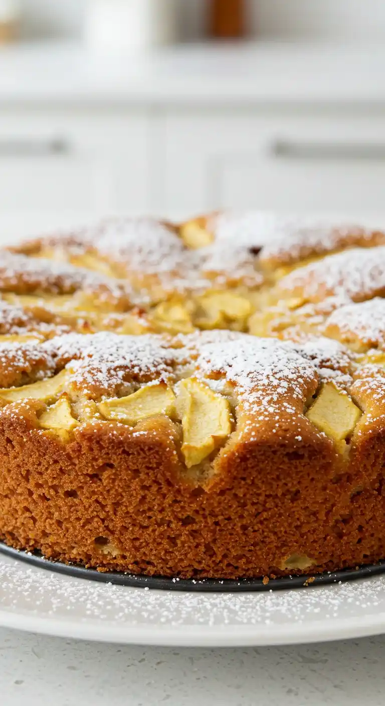 Délicieux gâteau léger aux pommes, avec une croûte dorée et moelleuse, recouvert d'une généreuse couche de sucre glace. Un dessert parfait pour un goûter réconfortant.