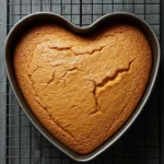 Vue de dessus d'un gateau nature doré en forme de cœur, fraîchement sorti du four et encore dans son moule, posé sur une grille de refroidissement noire. La surface du gâteau est légèrement craquelée, et le tout repose sur une table en bois sombre.