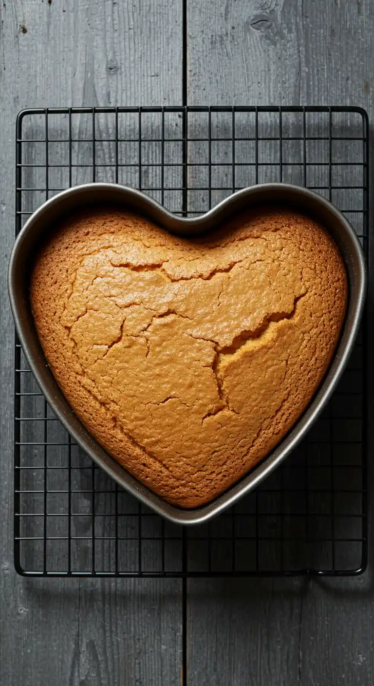 Vue de dessus d'un gateau nature doré en forme de cœur, fraîchement sorti du four et encore dans son moule, posé sur une grille de refroidissement noire. La surface du gâteau est légèrement craquelée, et le tout repose sur une table en bois sombre.