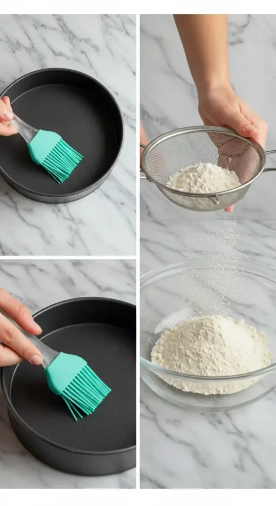 Montage photo montrant les étapes de préparation pour un gateau sans oeuf : graissage d'un moule à gâteau rond avec un pinceau en silicone turquoise et tamisage de la farine à travers un tamis dans un saladier en verre.