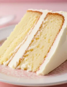 Une part appétissante de gateau sans oeuf à étages, avec des couches de biscuit jaune pâle et un glaçage blanc onctueux, servie sur une assiette à motifs roses.