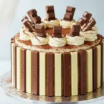 Un magnifique gâteau Kinder Bueno sur un présentoir argenté. Le gâteau est décoré de barres Kinder Bueno classiques et blanches tout autour, avec des rosettes de crème saupoudrées de cacao et des morceaux de Kinder Bueno sur le dessus. Un véritable délice pour les fans de gâteau Kinder Bueno.