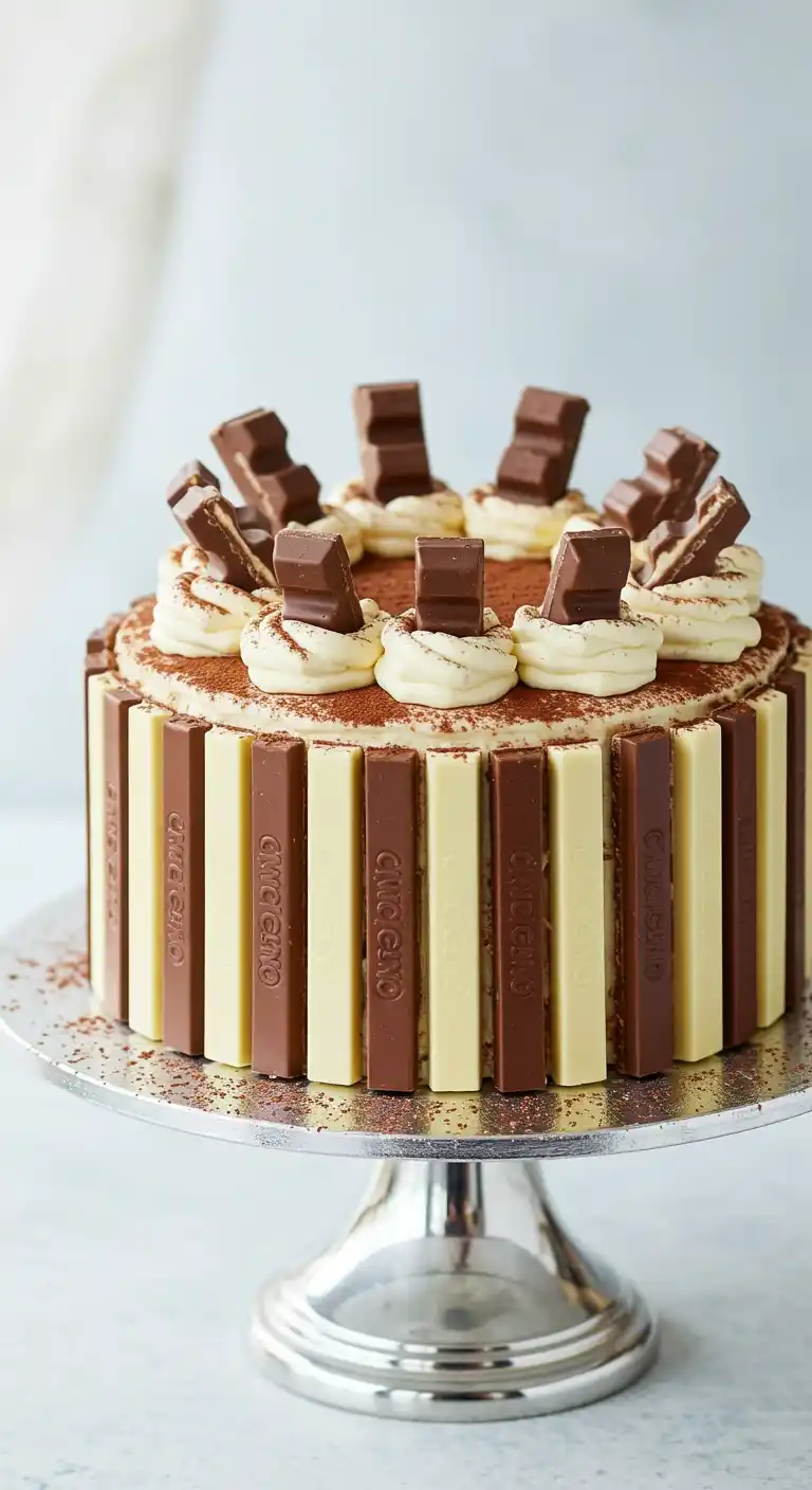 Un magnifique gâteau Kinder Bueno sur un présentoir argenté. Le gâteau est décoré de barres Kinder Bueno classiques et blanches tout autour, avec des rosettes de crème saupoudrées de cacao et des morceaux de Kinder Bueno sur le dessus. Un véritable délice pour les fans de gâteau Kinder Bueno.