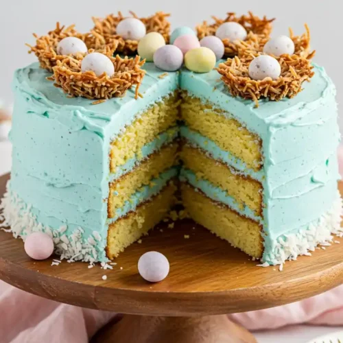 Vue appétissante d'un délicieux gâteau de Pâques à trois étages, nappé d'un glaçage bleu ciel et décoré de nids comestibles et d'œufs de Pâques pastel.