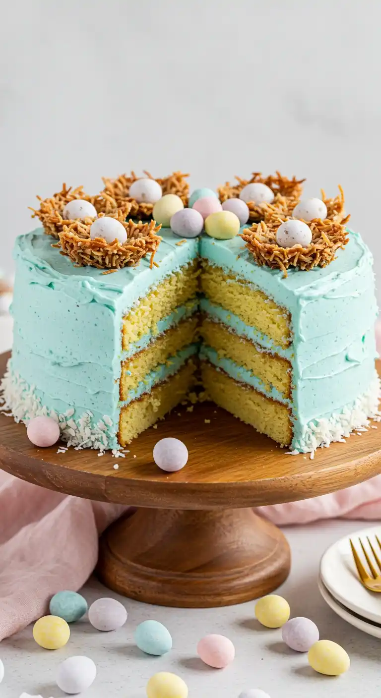 Vue appétissante d'un délicieux gâteau de Pâques à trois étages, nappé d'un glaçage bleu ciel et décoré de nids comestibles et d'œufs de Pâques pastel.