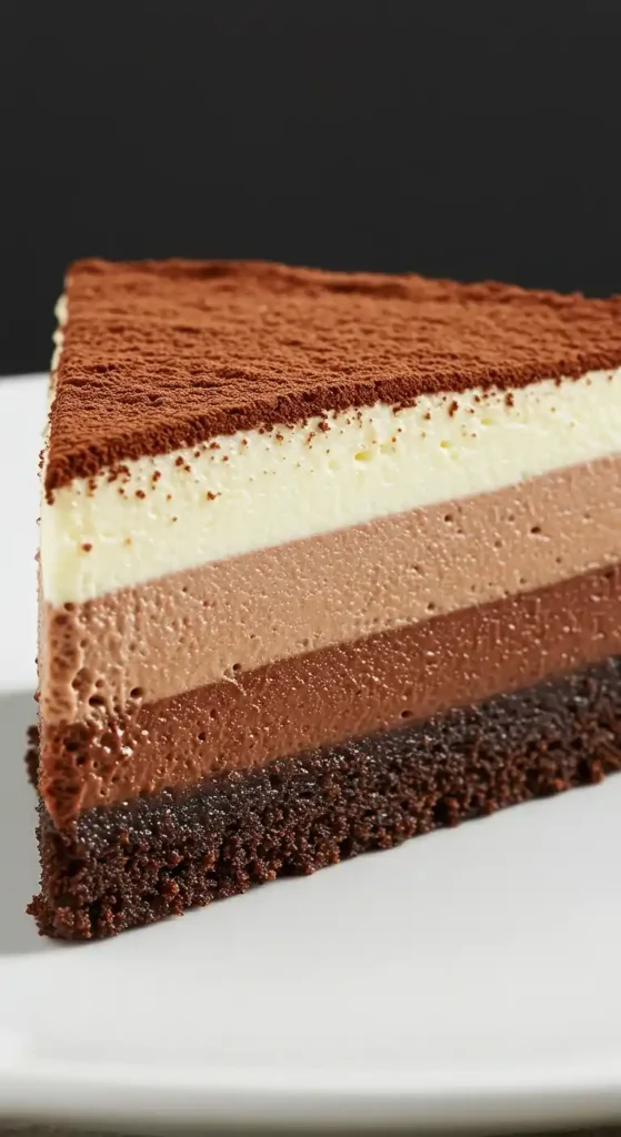 Voici une part de gâteau 3 chocolats, présentant une base de brownie foncé, recouverte de trois mousses au chocolat de nuances différentes, le tout saupoudré de cacao en poudre.