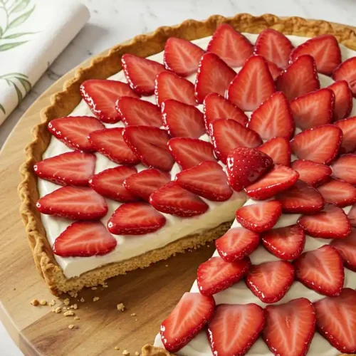 Une appétissante tarte aux fraises entière, avec une part découpée, présentée sur une planche en bois. La tarte a une croûte dorée, une garniture à la crème blanche et est recouverte de fraises fraîches tranchées.