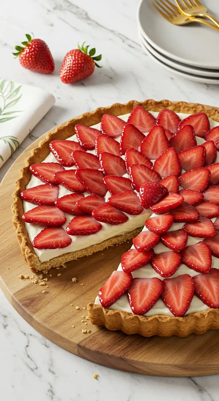 Une appétissante tarte aux fraises entière, avec une part découpée, présentée sur une planche en bois. La tarte a une croûte dorée, une garniture à la crème blanche et est recouverte de fraises fraîches tranchées.