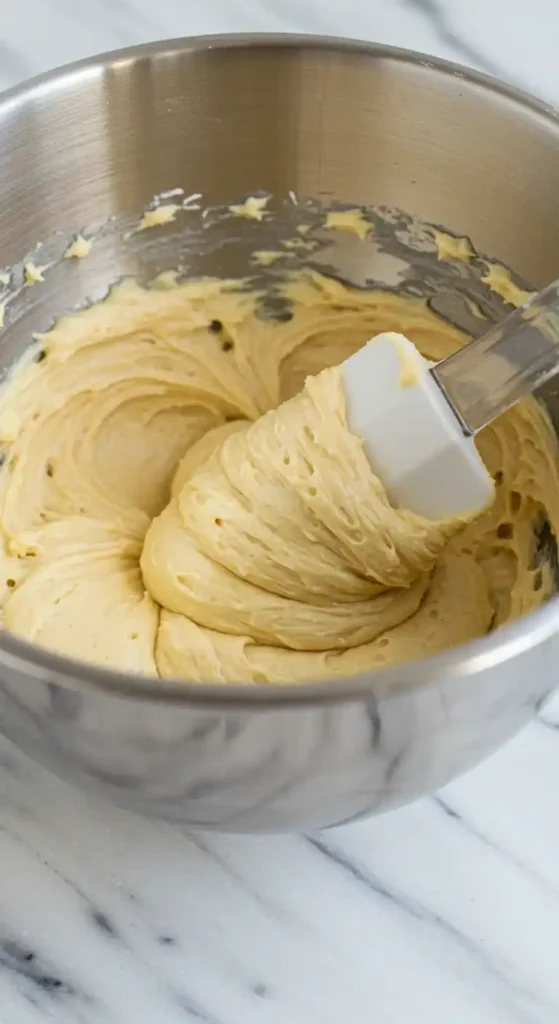 Une vue rapprochée d'une pâte jaune crémeuse dans un bol en métal, en train d'être mélangée avec une spatule blanche, suggérant la préparation d'une délicieuse pâte pour un gâteau rhubarbe.