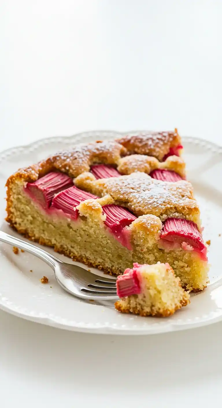 Une part appétissante de gâteau rhubarbe saupoudrée de sucre glace, servie sur une assiette blanche avec une fourchette, parfaite pour une dégustation acidulée et gourmande.
