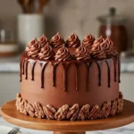 Un magnifique gâteaux au chocolat praliné, prêt à être dégusté.