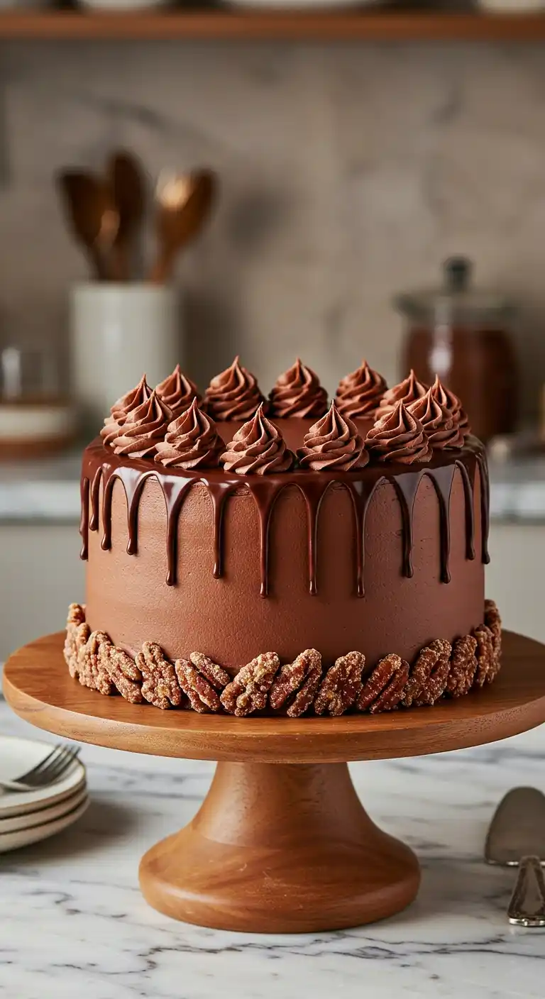 Un magnifique gâteaux au chocolat praliné, prêt à être dégusté.