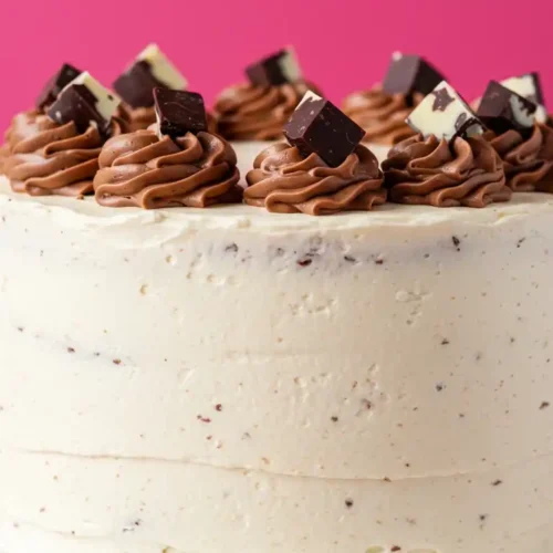 Un appétissant gateau chocolat blanc, orné d'un glaçage crémeux et parsemé de petites touches foncées, est mis en valeur sur un présentoir à gâteau blanc. Des volutes de crème au chocolat, surmontées de morceaux de chocolat noir et chocolat blanc, décorent le dessus du gateau. Un fond rose vif fait ressortir les détails et la gourmandise de ce dessert.