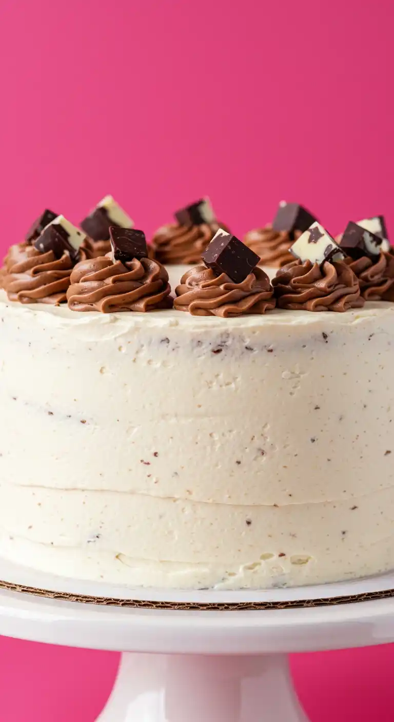 Un appétissant gateau chocolat blanc, orné d'un glaçage crémeux et parsemé de petites touches foncées, est mis en valeur sur un présentoir à gâteau blanc. Des volutes de crème au chocolat, surmontées de morceaux de chocolat noir et chocolat blanc, décorent le dessus du gateau. Un fond rose vif fait ressortir les détails et la gourmandise de ce dessert.