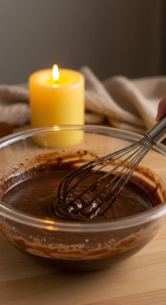 Préparation de la ganache au chocolat pour un gâteau au chocolat praliné, avec une bougie en arrière-plan.