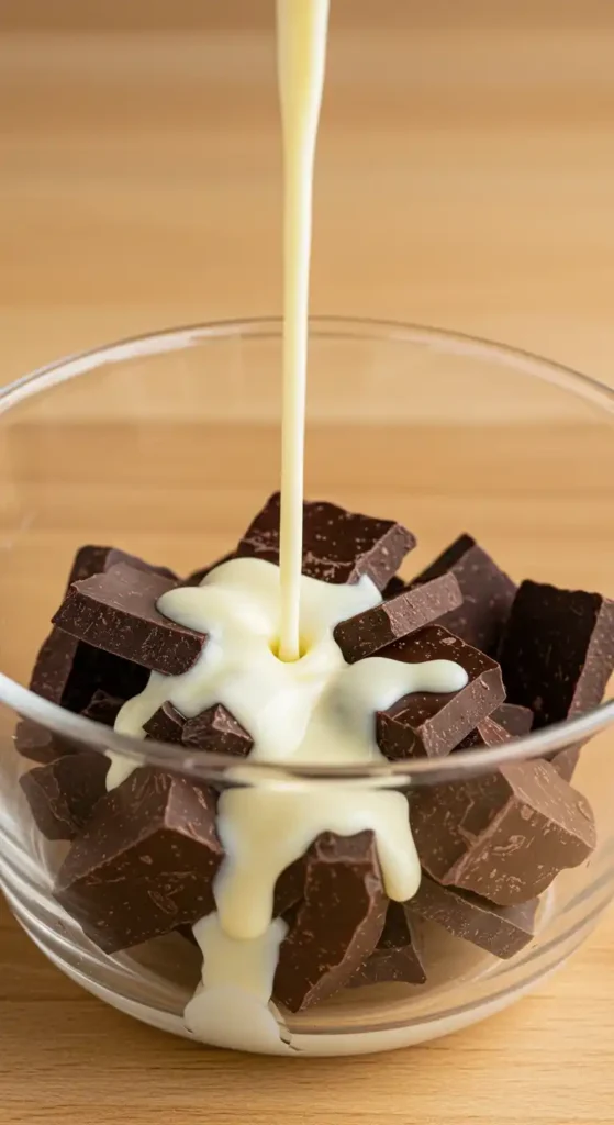 Préparation de la ganache pour un gâteau au chocolat praliné: crème versée sur du chocolat en morceaux.