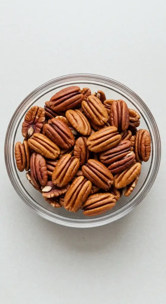 Bol en verre rempli de noix de pécan, ingrédients potentiels pour un gâteau au chocolat praliné.