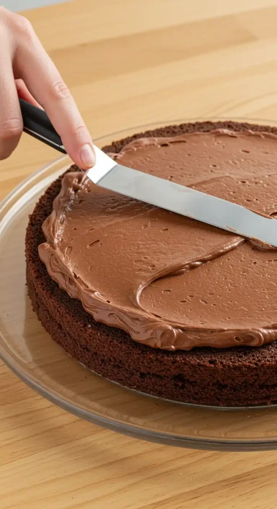 Glaçage d'un gâteau au chocolat, peut-être un délicieux gâteau au chocolat praliné.