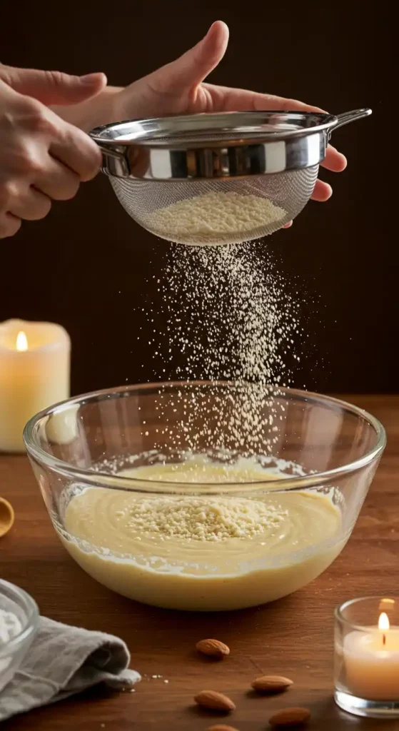 Tamisage de poudre d'amandes dans une pâte, étape cruciale pour un gâteau au chocolat praliné réussi.