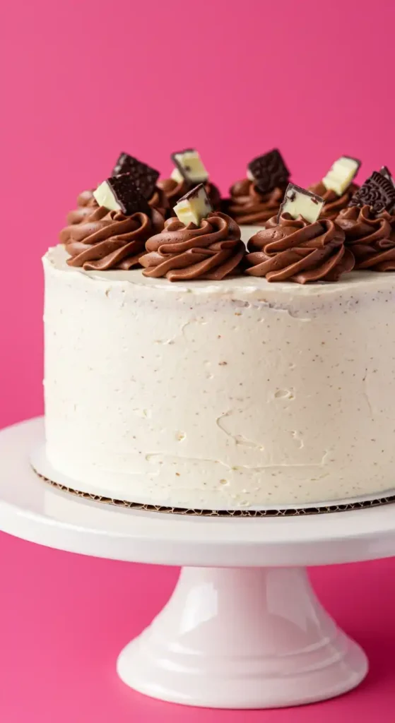 Un délicieux gâteau chocolat blanc est présenté sur un élégant présentoir blanc. Le glaçage crémeux, parsemé de petites taches, recouvre un gâteau rond. Sur le dessus, des volutes de crème au chocolat agrémentées de morceaux de chocolat blanc et de chocolat noir décorent le gateau chocolat blanc. Le fond rose vif met en valeur les couleurs et textures du dessert.