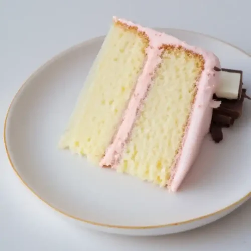 Une part appétissante de gateau chocolat blanc à la crème rose est délicatement posée sur une assiette blanche à liseré doré. La génoise légère contraste joliment avec le glaçage rose, et quelques morceaux de chocolat blanc et noir ajoutent une touche gourmande. L'ensemble est mis en valeur sur un fond blanc épuré.