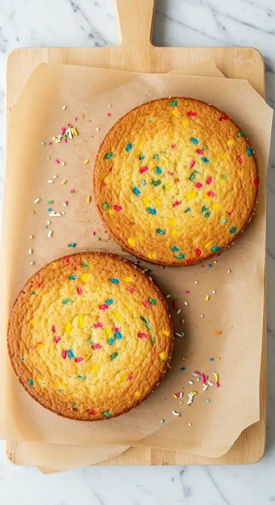 Deux gâteaux ronds, décorés de confettis colorés, présentés sur du papier sulfurisé sur une planche à découper en bois. Idée de gâteau anniversaire facile et festive.