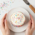 Un petit gâteau anniversaire facile et festif, décoré de glaçage blanc et de confettis multicolores, avec une bougie allumée, présenté sur une assiette blanche tenue par des mains. Une spatule et des décorations supplémentaires sont visibles à côté.