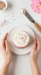 Un petit gâteau anniversaire facile et festif, décoré de glaçage blanc et de confettis multicolores, avec une bougie allumée, présenté sur une assiette blanche tenue par des mains. Une spatule et des décorations supplémentaires sont visibles à côté.
