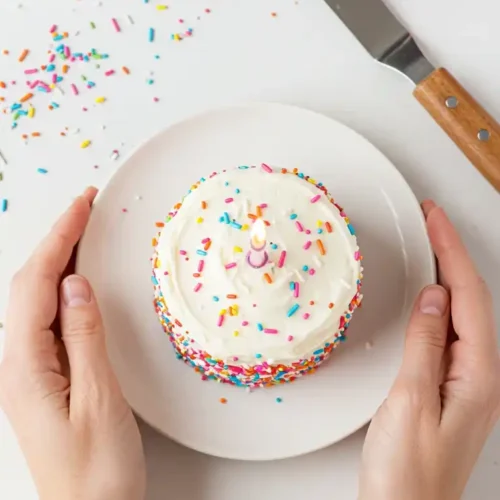 Un petit gâteau anniversaire facile et festif, décoré de glaçage blanc et de confettis multicolores, avec une bougie allumée, présenté sur une assiette blanche tenue par des mains. Une spatule et des décorations supplémentaires sont visibles à côté.