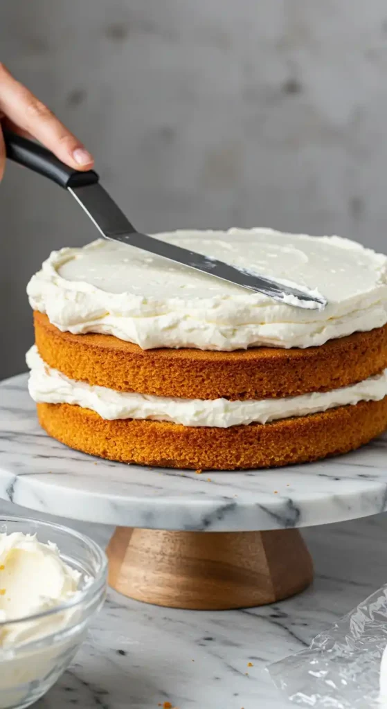 Préparation de gâteau italien : glaçage d'un gâteau à étages avec une spatule sur un présentoir en marbre.