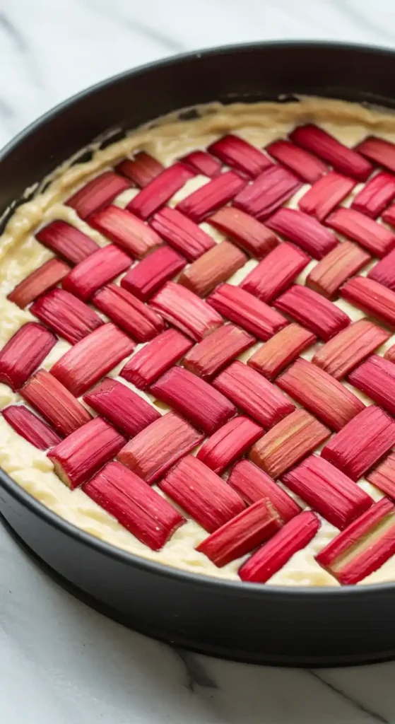 Un magnifique gâteau rhubarbe avant la cuisson, avec des tiges de rhubarbe rouge vif tressées sur une pâte crémeuse, prêt à être enfourné pour un dessert délicieusement acidulé.