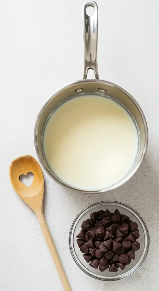 Crème chaude et chocolat, ingrédients clés pour l'Opéra gâteau.