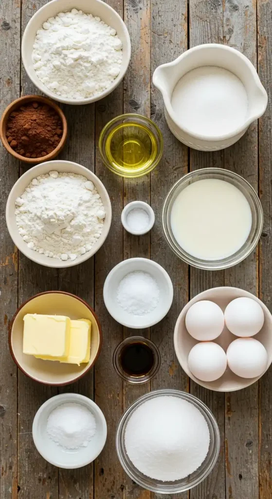 Ingrédients disposés sur une table en bois pour la préparation d'un gâteau au chocolat praliné : farine, sucre, cacao en poudre, huile, lait, œufs, beurre, extrait de vanille, sel et levure chimique.