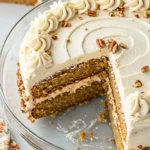 Gâteau italien aux noix et crème : Tranche coupée d'un gâteau à étages décoré de crème et de noix, présenté sur un plat en verre.