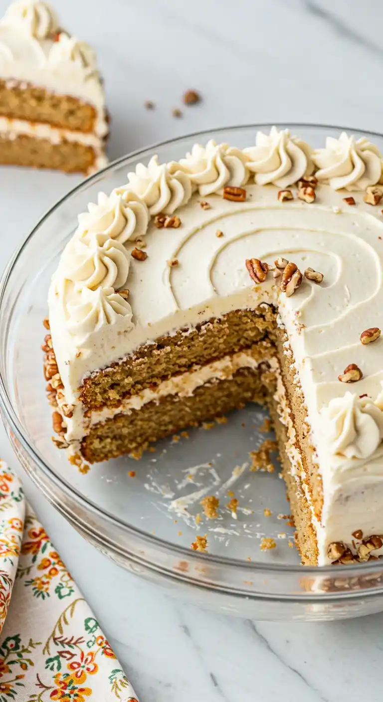 Gâteau italien aux noix et crème : Tranche coupée d'un gâteau à étages décoré de crème et de noix, présenté sur un plat en verre.