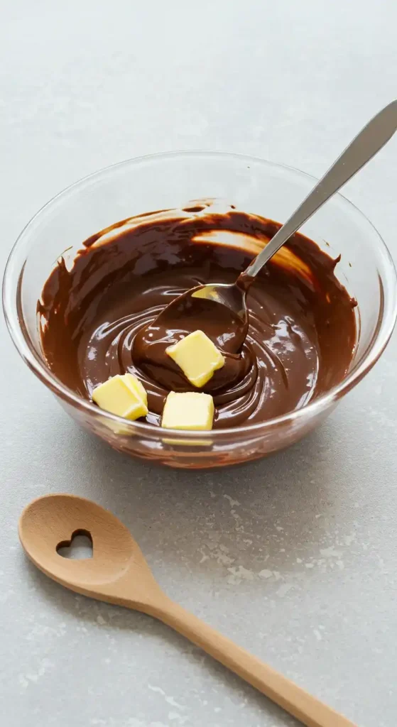 Beurre ajouté à la ganache chaude pour l'Opéra gâteau.