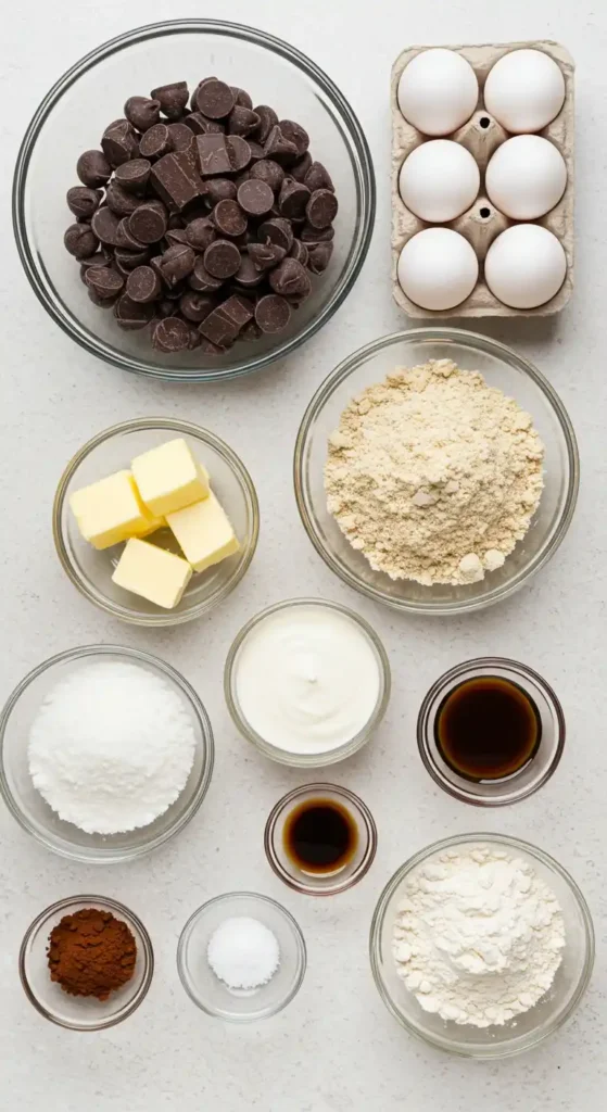 Vue de dessus des ingrédients nécessaires à la préparation d'un Opéra gâteau : chocolat, œufs, beurre, etc.