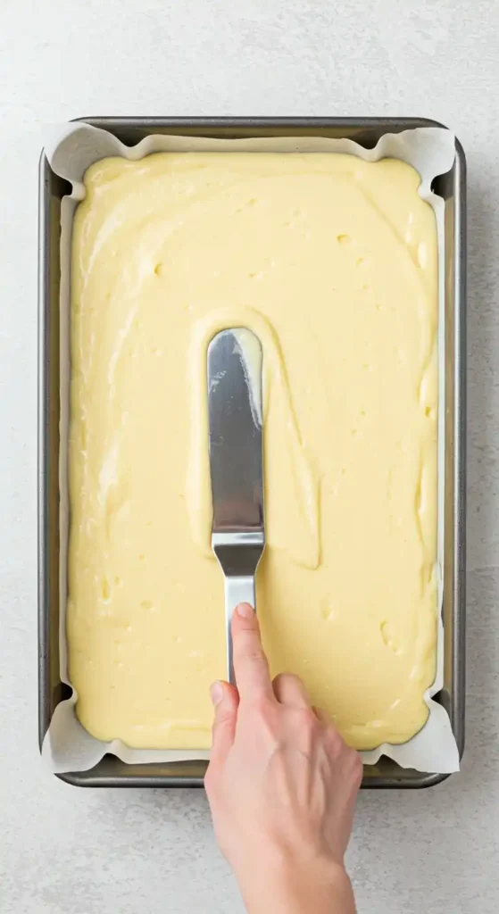 Étaler la pâte dans le moule pour l'Opéra gâteau.