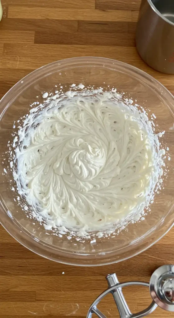 Un bol en verre rempli de crème fouettée blanche et aérienne, parfaitement texturée pour un glaçage de gâteau anniversaire facile à réaliser. Les spirales crémeuses offrent un aspect délicieux et professionnel.