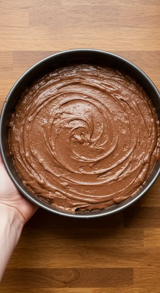 Pâte à gâteau au chocolat praliné prête à être enfournée.