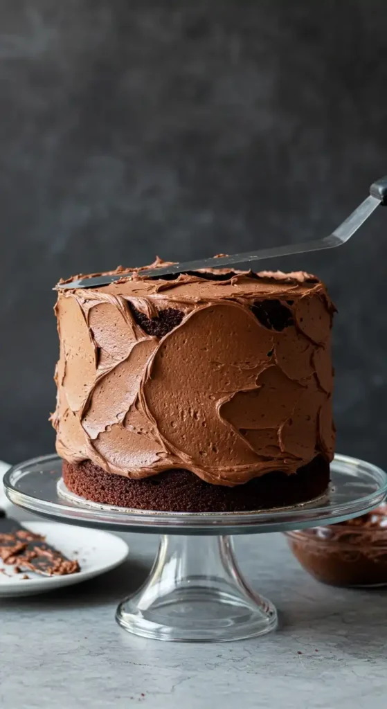 Gâteau au chocolat en cours de glaçage, un potentiel gâteaux au chocolat praliné en devenir.