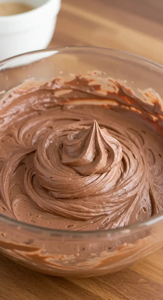 Crème au chocolat praliné fouettée, prête à garnir un gâteau.