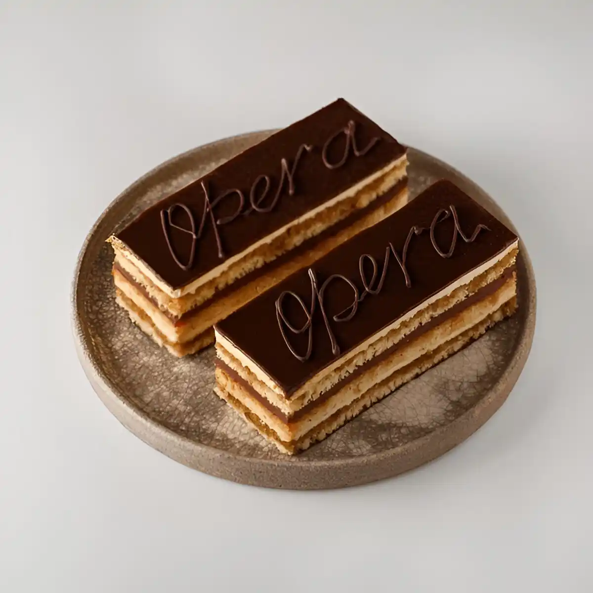 Présentation de deux Opéra gâteaux avec le nom écrit en chocolat sur le dessus.