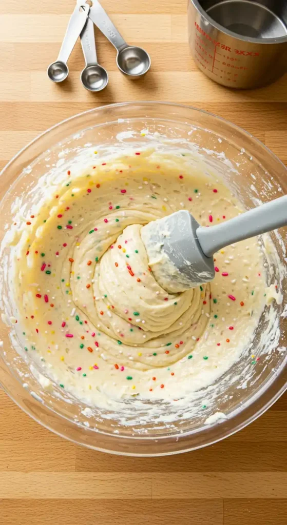 Préparation d'une pâte à gâteau dans un saladier en verre. La pâte, parsemée de confettis colorés, est en cours de mélange avec une spatule grise. Une recette idéale pour un gâteau anniversaire facile et joyeux !