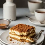 Un appétissant tiramisu spéculoos recette présenté sur une assiette blanche empilée, avec une cuillère prélevant une portion crémeuse. Des tasses de café fumantes et un vase rempli de fleurs séchées ajoutent une ambiance chaleureuse.