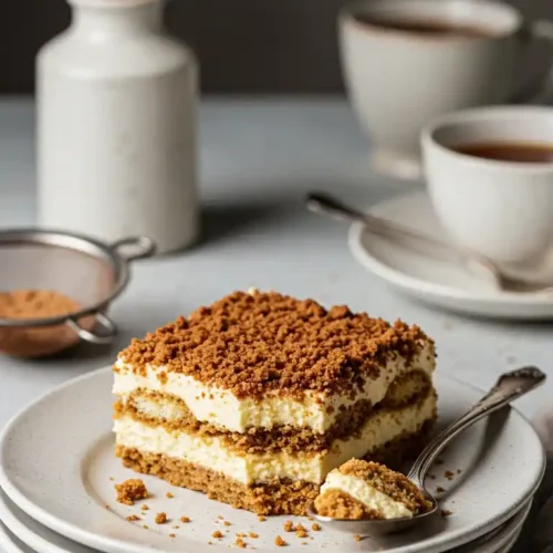 Un appétissant tiramisu spéculoos recette présenté sur une assiette blanche empilée, avec une cuillère prélevant une portion crémeuse. Des tasses de café fumantes et un vase rempli de fleurs séchées ajoutent une ambiance chaleureuse.