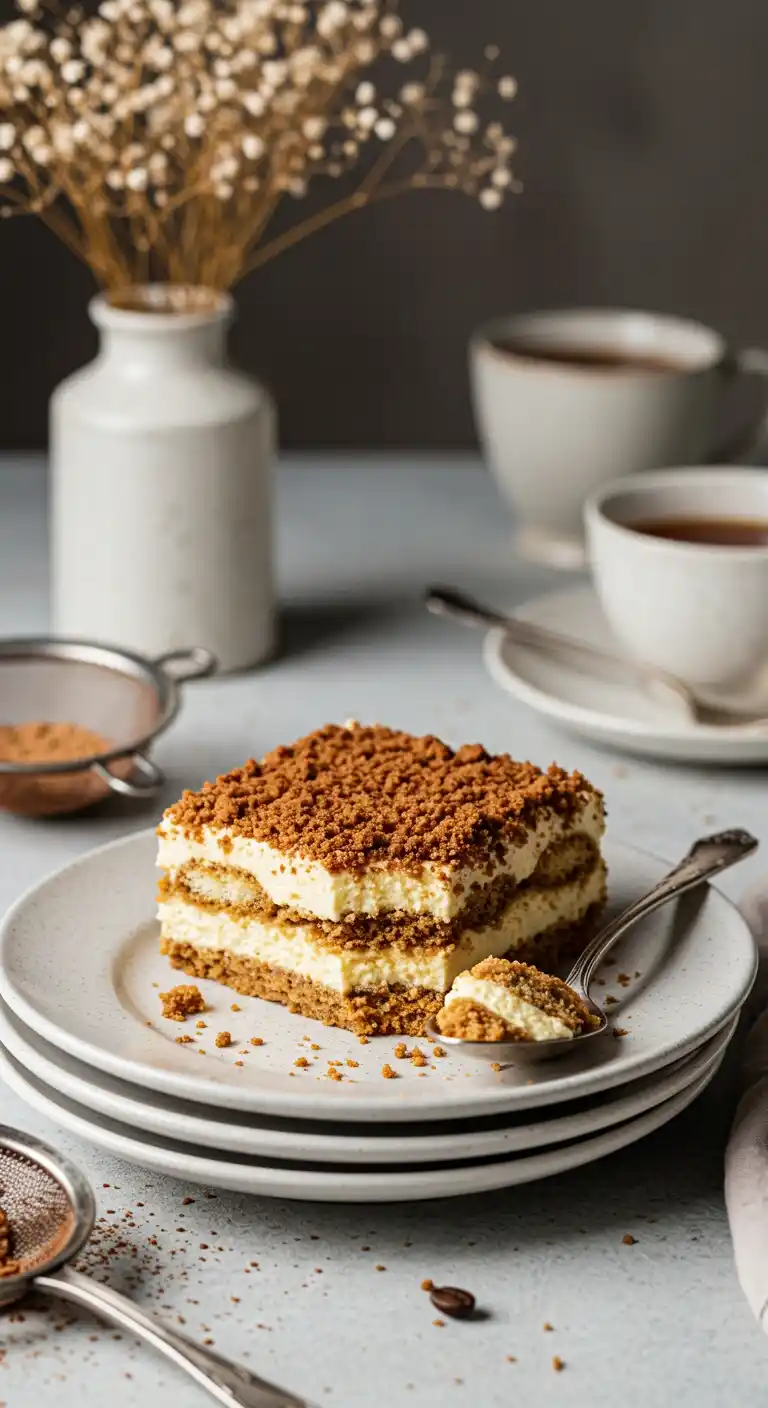 Un appétissant tiramisu spéculoos recette présenté sur une assiette blanche empilée, avec une cuillère prélevant une portion crémeuse. Des tasses de café fumantes et un vase rempli de fleurs séchées ajoutent une ambiance chaleureuse.