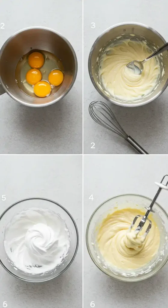 Préparation de la crème pour un tiramisu spéculoos recette : Étapes illustrées du mélange des jaunes d'œufs, de la crème fouettée et des blancs en neige pour une texture légère et aérienne.