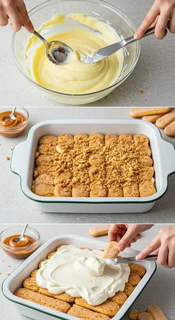 Étapes de la préparation d'un tiramisu spéculoos recette : montage du dessert avec une crème onctueuse, des biscuits imbibés et une touche de spéculoos croquants. Un délice facile à réaliser !