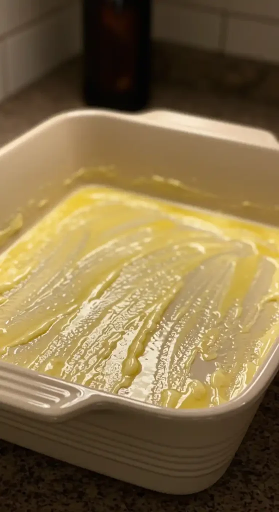 Un plat de cuisson beige beurré est préparé pour un gateau arabe, avec une couche de beurre fondue visible au fond.